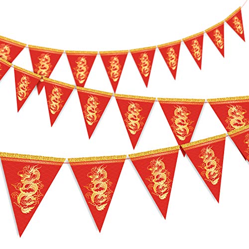 Whaline 20 banderines de dragón de Año Nuevo chino 2024, bandera triangular festiva de primavera, guirnalda premontada para fiesta de Año Nuevo chino, decoración del hogar