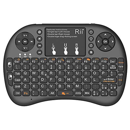 Rii Mini i8+ - Mini teclado inalámbrico (disposición de teclas italiana), retroiluminado, con panel táctil para smart TV, mini PC, HTPC, consola y ordenador. i8+ Wireless (NERO)