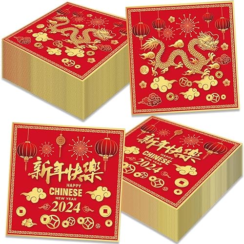 Servilletas de año nuevo chino 2024 Año de servilletas de dragón Decoración para Festival de Primavera Chino Feliz Año Nuevo Fiesta de Mesa Accesorios